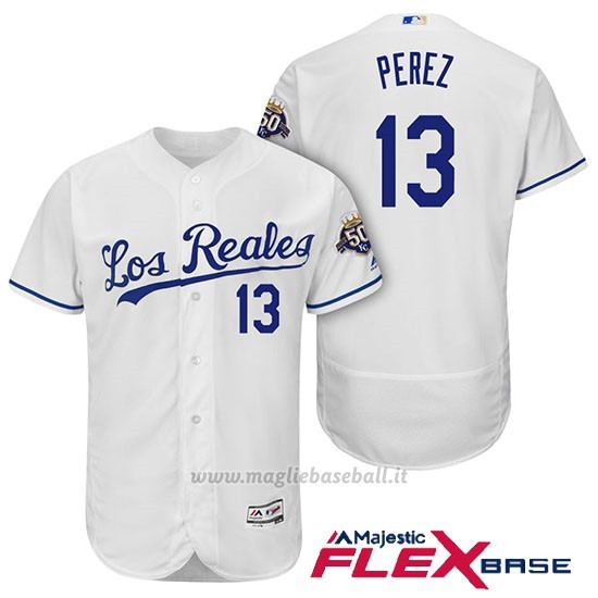 Maglia Baseball Uomo Kansas City Royals Salvador Perez Bianco 50th Season Spanish Flex Base